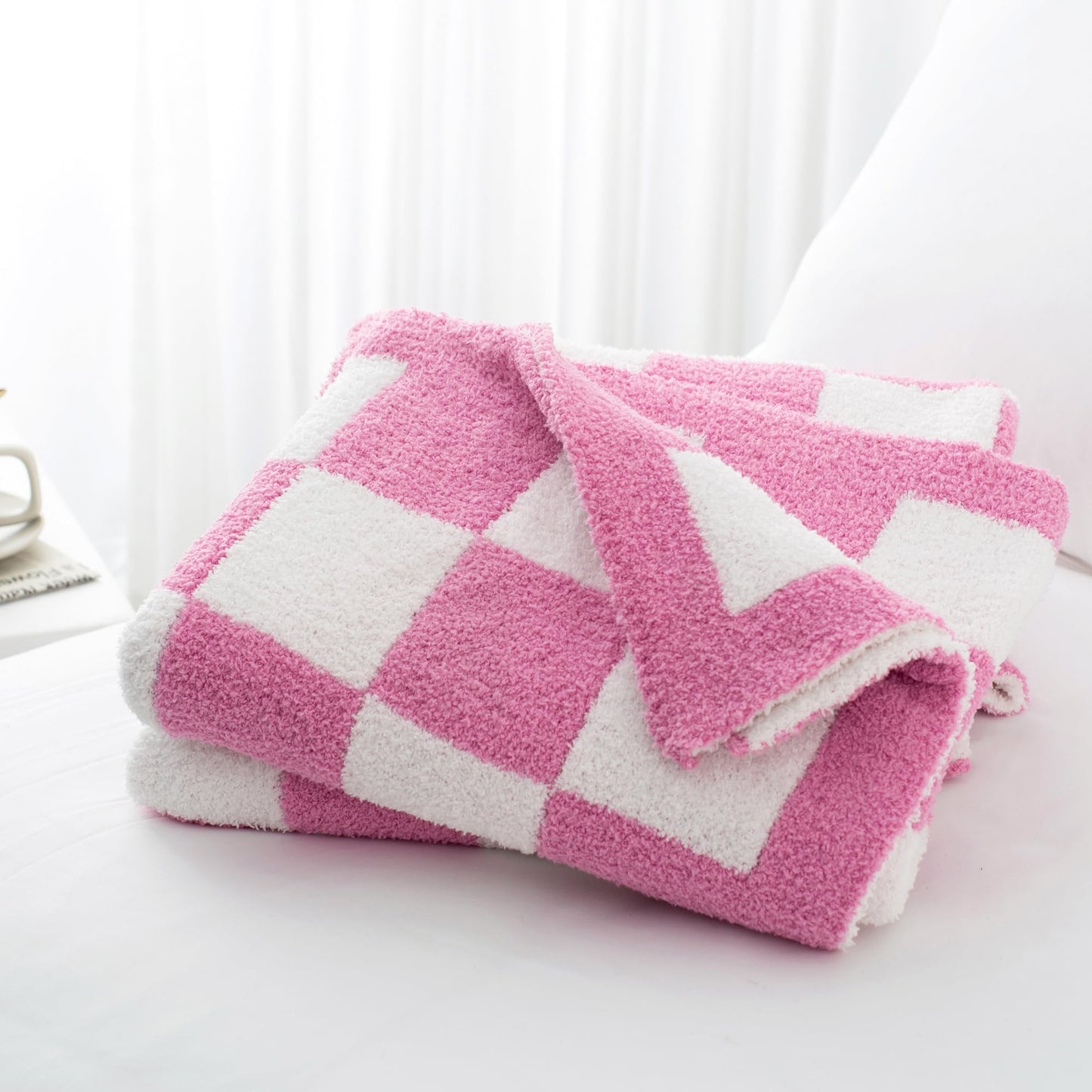 Carriediosa Checkered Throw Blanket 60" X 80" Twin, 400GSM Ultra Soft Microfiber Fuzzy Fluffy Reversible Cute Preppy Knitted Blankets Cozy Plush Fall Throws for Couch, Bed, Sofa, Hot Pink