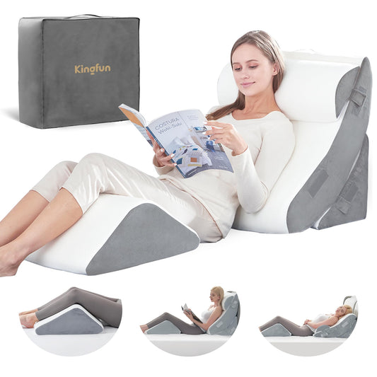 Kingfun 4PCS Orthopedic Bed Wedge Pillow Set for Sleeping, Post Surgery Memory Foam Support Pillows for Back, Neck and Leg Pain Relief, Adjustable Triangle Pillow - Acid Reflux, Anti Snoring & GERD