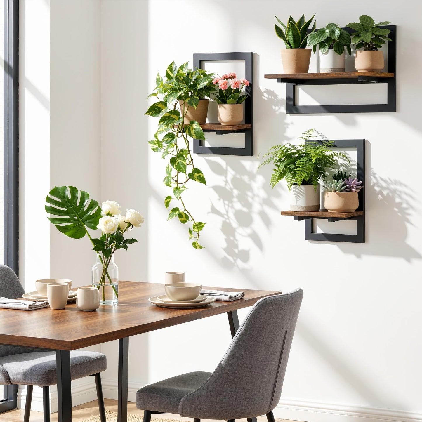 Housolution 3 Pack Wall Plant Holder, Picture Frame Design Plant Shelf, Wall Planters for Indoor Plants, Floating Shelves for Living Room, Bedroom, Kitchen, Office, Bathroom, Rustic Brown