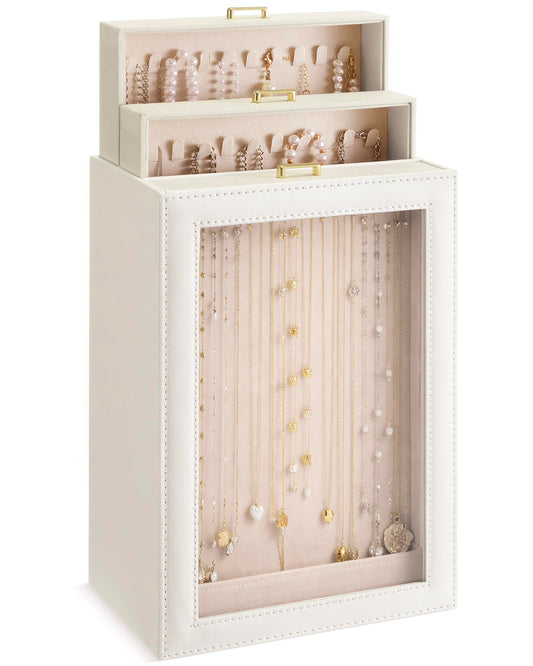 Huquary 3 Layer Vertical Necklace Holder Organizer Box 12.6" x 7.9" x 5", 30 Hooks PU Necklace Storage Box with Clear Lid Necklaces Display Case for Jewelry Organizer Storage Women Gift(White)