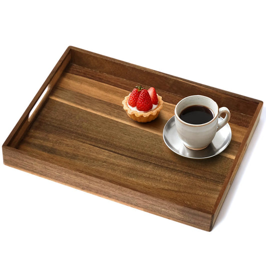 Acacia Wood Serving Tray with Handles, 17 Inch Wooden Tray for Ottoman, Breakfast, Lunch, Dinner, Decorative Rectangular Tray for Living Room, Kitchen Counter, Outdoor
