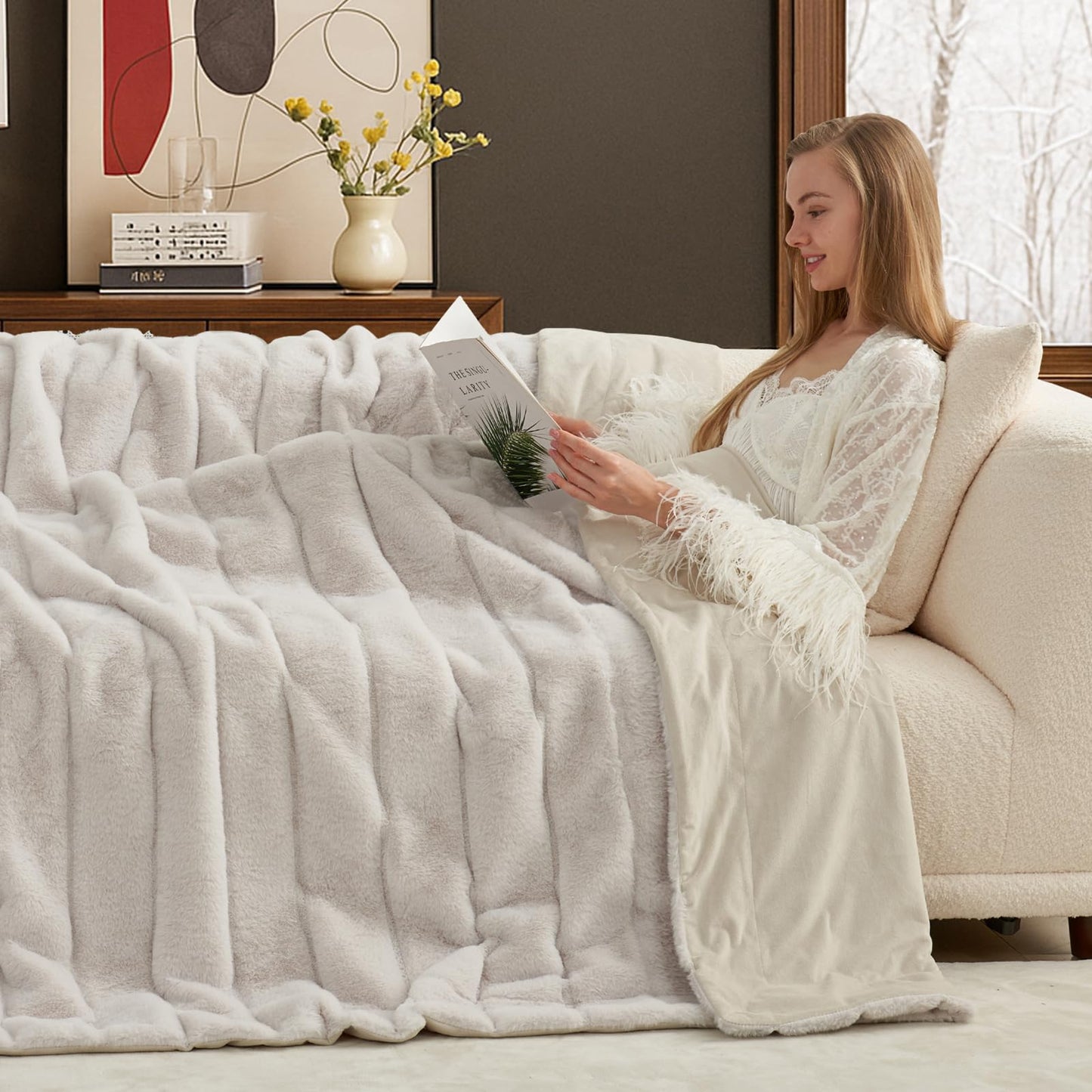 Cozy Bliss Deluxe Sheared Rabbit Faux Fur Throw Blanket, Soft Fuzzy High-Low Sculpted Plush Blanket for Couch, Cozy Home Accent, All Season Use, Beige 50"x60"