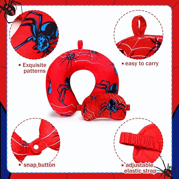 2 Pcs Spider Travel Pillow with Sleep Eye Mask, Cartoon U Shaped Memory Foam Neck Pillow with Washable Cover, Soft Comfortable Head Support Travel Accessories for Airplane Car Train Bus Trips