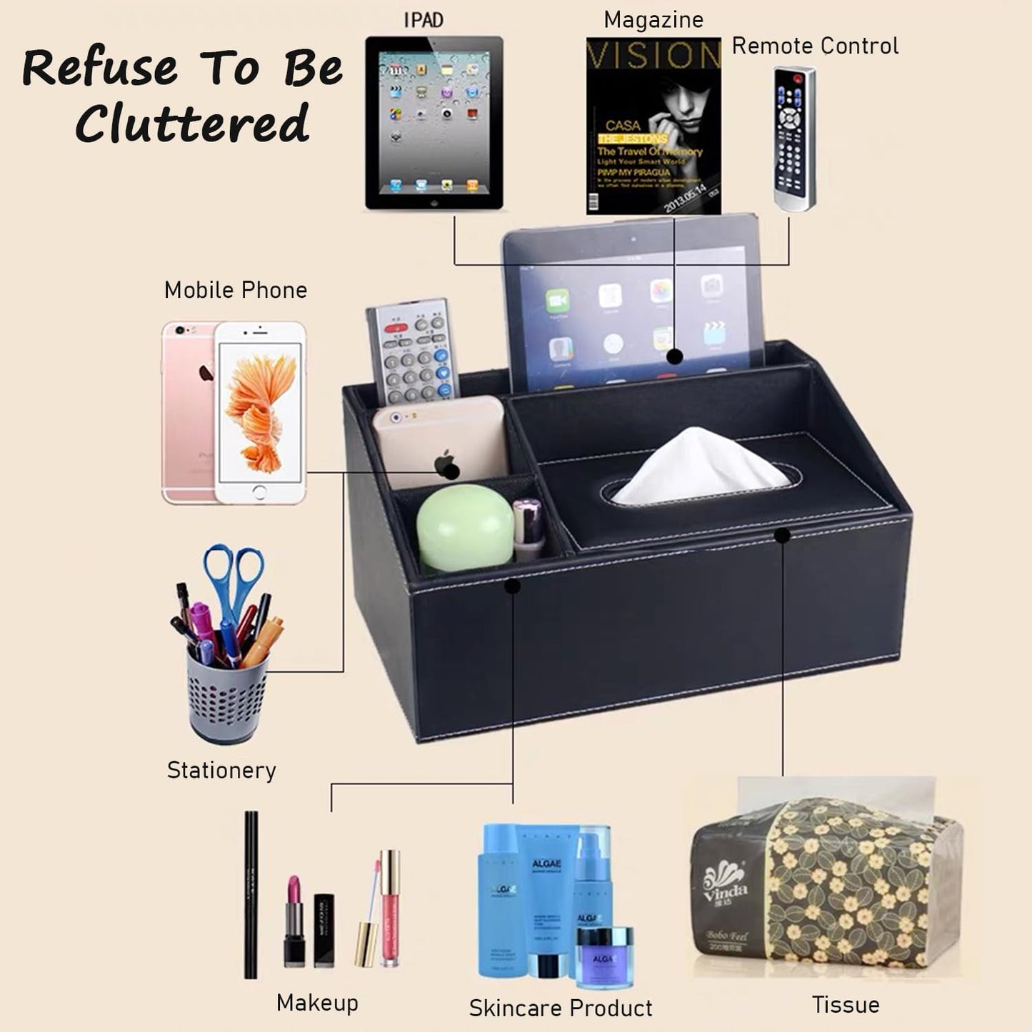 Tissue Box Cover- PU Leather Tissue Box Holder-Multifunctional Tissue Box Organizer Cover Hold with Storage Fashion for Vanity Toilet Countertop Office Bathroom Kleenex Box Cover-Black