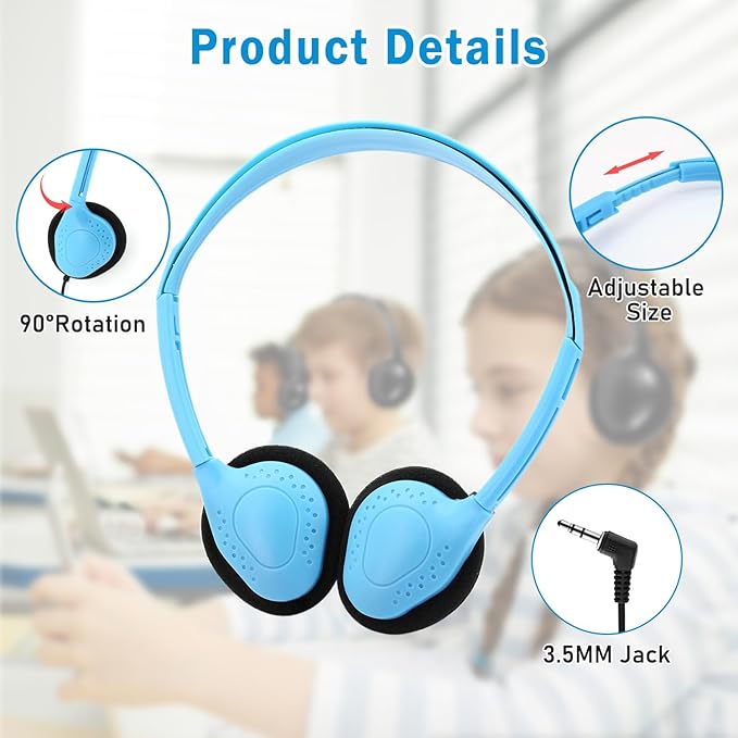 30 Pack Classroom Headphones for Kids, Multi Color Bulk Headphones for Classroom Wired Over The Ear Headphones Adjustable with 3.5 mm Jack for School Library Student Children
