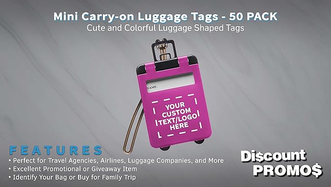 50 Mini Carry-on Luggage Tags Pack - Customizable Text, Logo - Flip Open Cover, ID Sticker - Purple