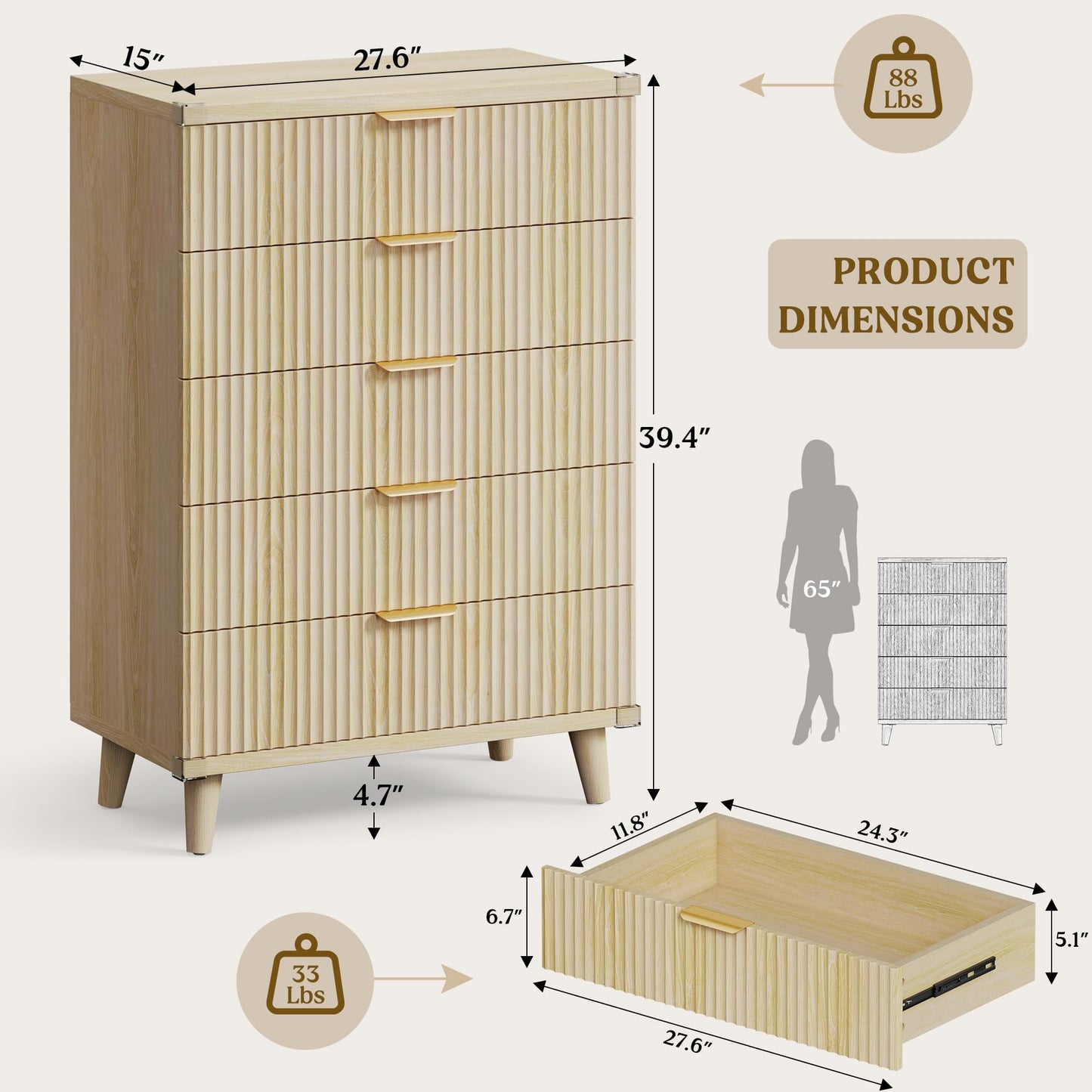 Lulive Modern Dresser and Nightstand Sets 3-Piece, 5-Drawer Dresser + 2 Nightstands Bedroom Sets with Solid Wood Legs (Natural Oak)