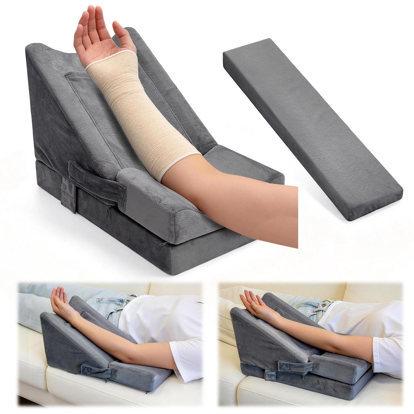 CRAURU Arm Wedge Pillow Adjustable Arm Elevation Pillow with Pocket High Density Foam Ergonomic Hand Elbow Support Pillows with Removable Cover, Grey