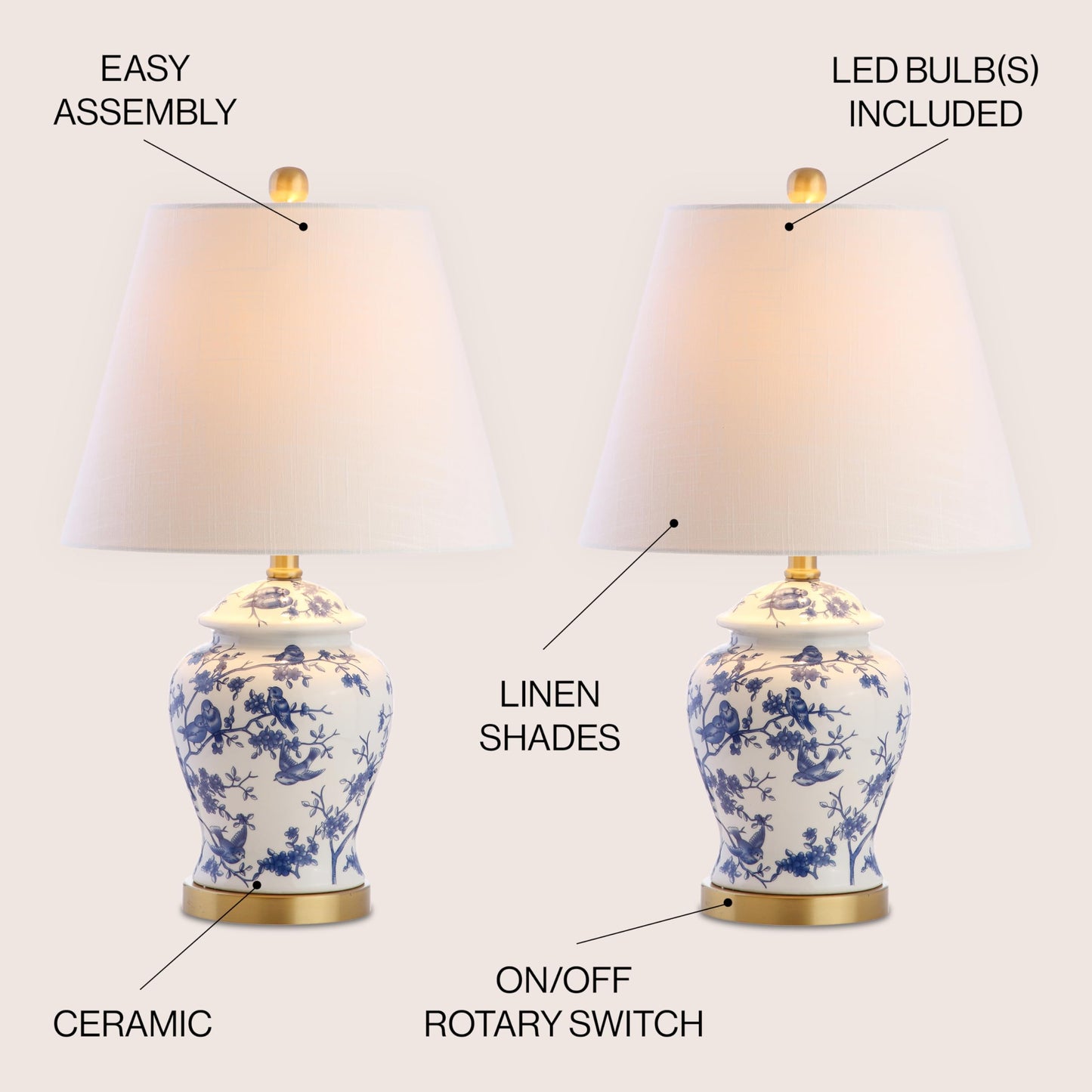 JONATHAN Y 22" Blue/White Ceramic Table Lamp, French Country Chinoiserie Ginger Jar LED Bedside Lamp for Living Room Bedroom, White Linen Shade (JYL3005A-SET2)