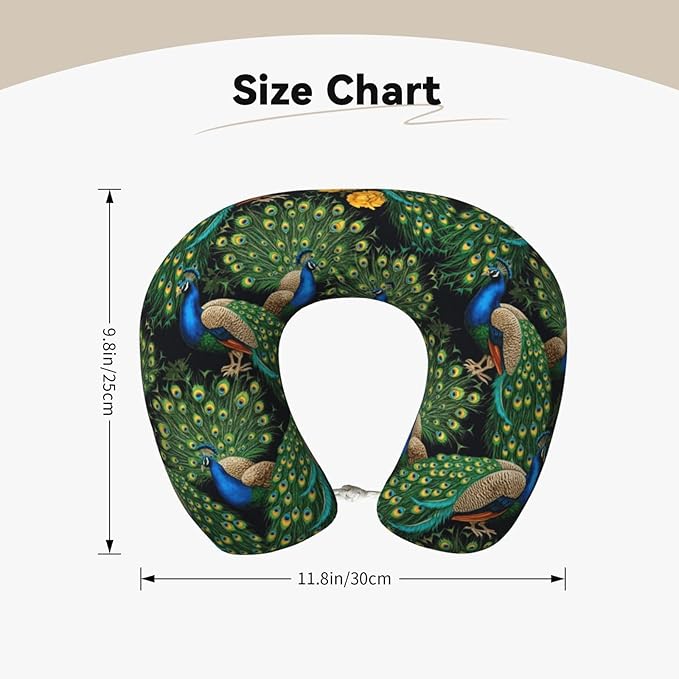 Travel Neck Pillows for Sleeping Rest Car Airplanes Peacock Art, Memory Foam with Removable Breathable Zipper Cover Washable for Men Women