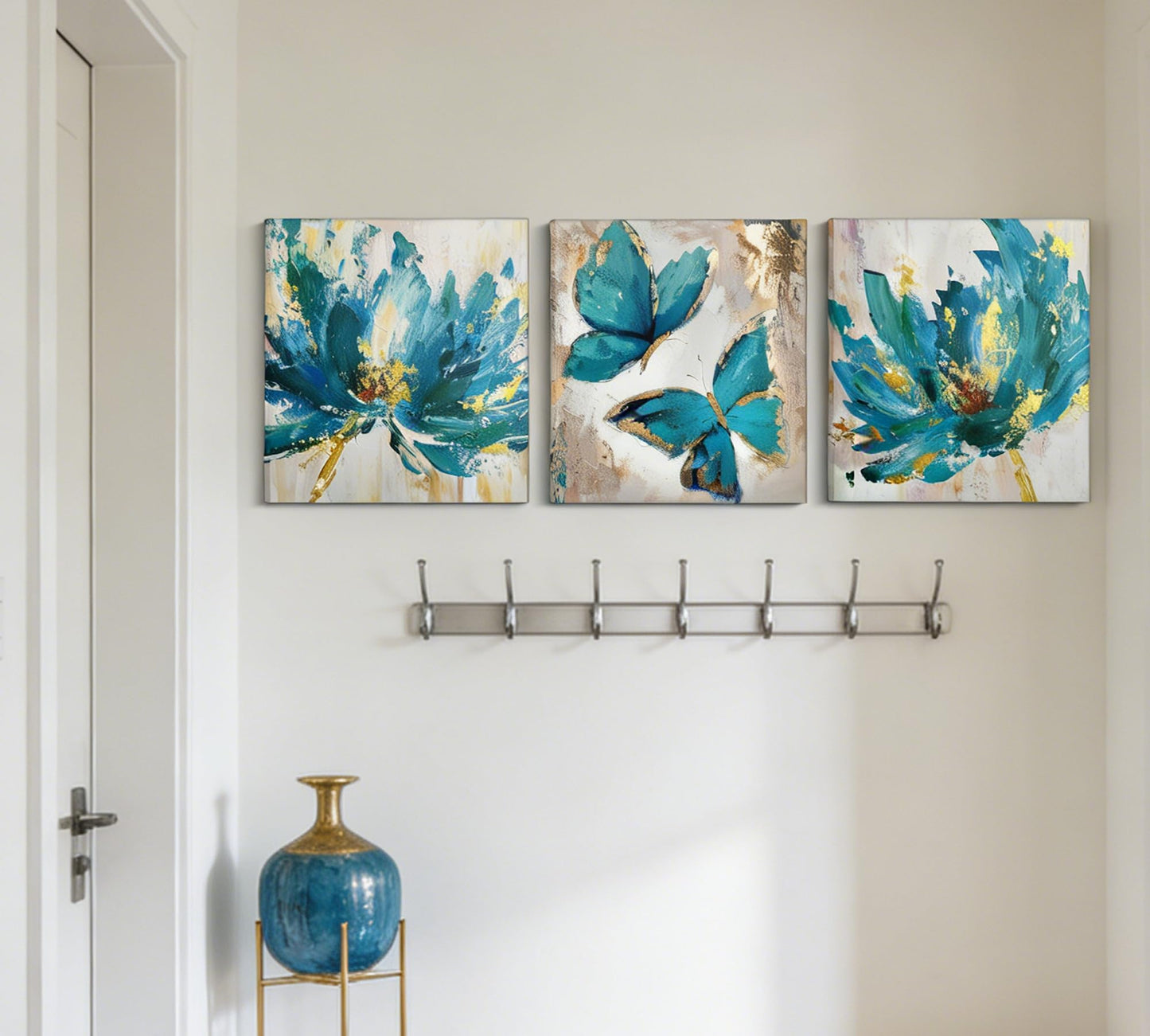 Abstract Blue and Gold Floral Canvas Wall Art Set of 3, with Gold Foil Outline, Stretched and Framed Canvas Artwork with Hanging Hooks & Nails, Modern Wall Decor for Living Room Bedroom Bathroom