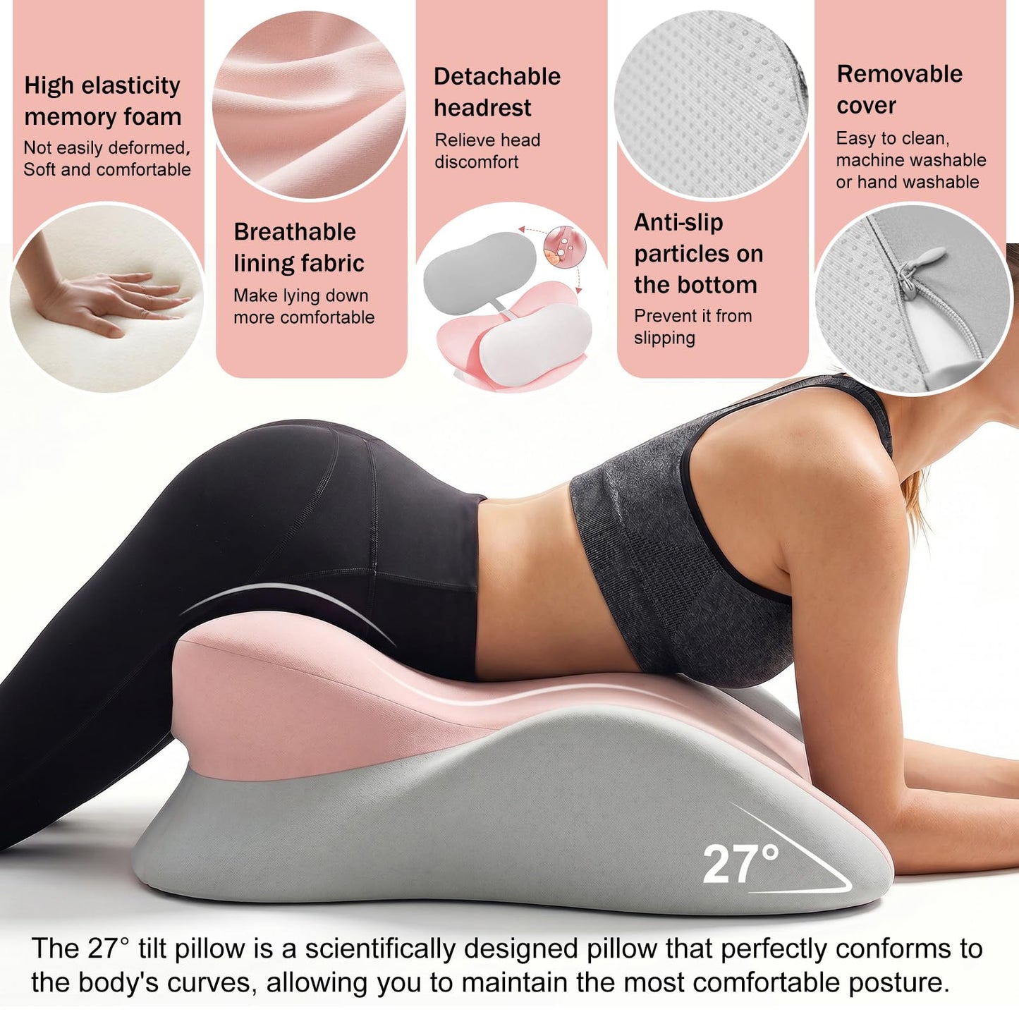 cjc Ergonomic Memory Foam Wedge Pillow 27° Support for Neck,Back and Waist,Multi-Position Bed Support Pillow with Removable Cover (Pink Gray)