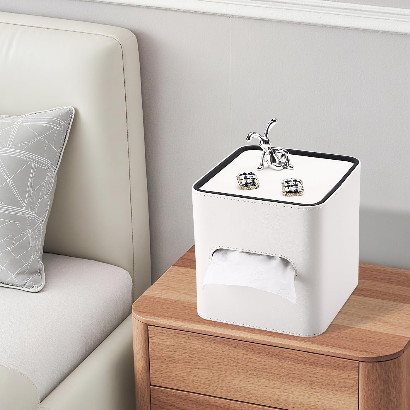 GORESE Tissue Box Cover Square Tissue Box Holder for Kleenexs, PU Leather Tissue Cover Cube Decorative Tissue Holder for Bathroom Bedroom Living Room Office, Cream White