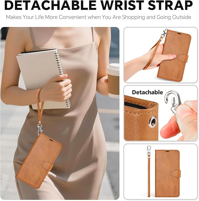 TUCCH Detachable Case Wallet for iPhone Air (6.5") 2025, Wrist Strap | 4 Card Slots RFID Blocking | Wireless Charging | Stand | 2-in-1 Magnetic | PU Leather | Shockproof Folio Cover | Light Brown