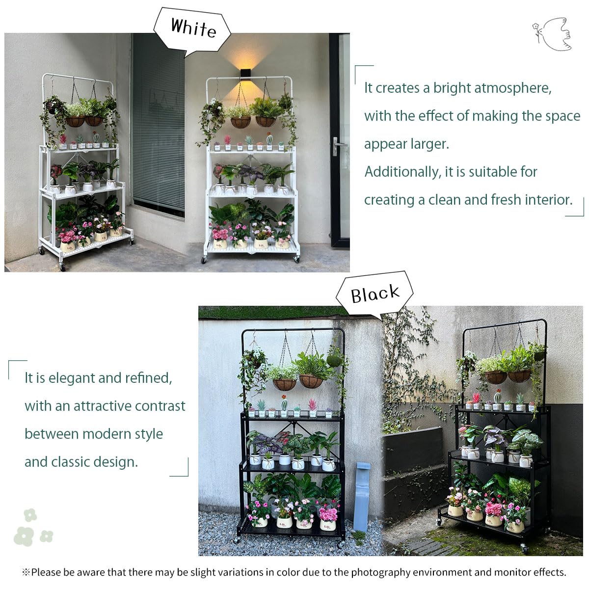 lumizone Foldable 4-Tier Plant Stand With Wheels Indoor Outdoor Black