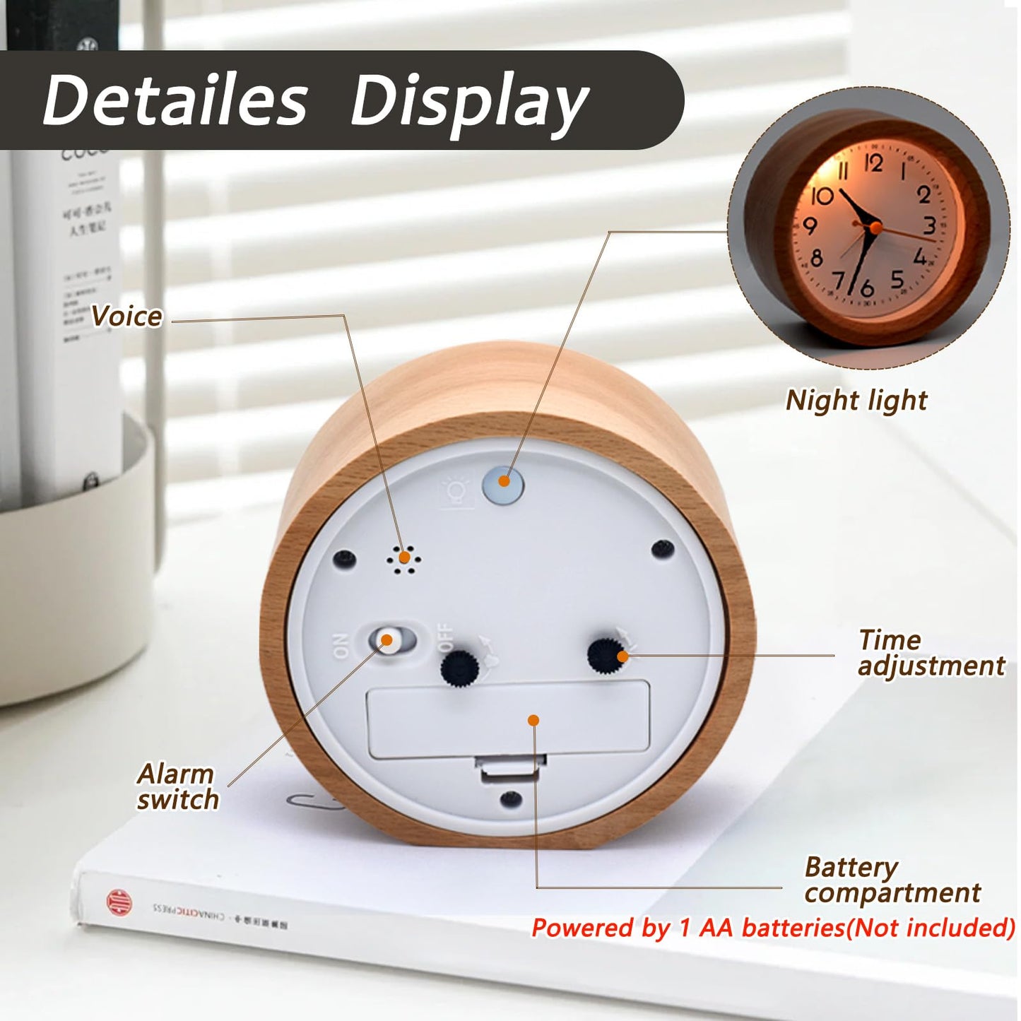 Oxmidud 4'' Natural Wooden Analog Alarm Clock with Soft Night Light - Battery Operated Non-Ticking Silent Tabletop Minimalist Desk & Bedside Clock for Bedrooms Living Room Home Office Decor