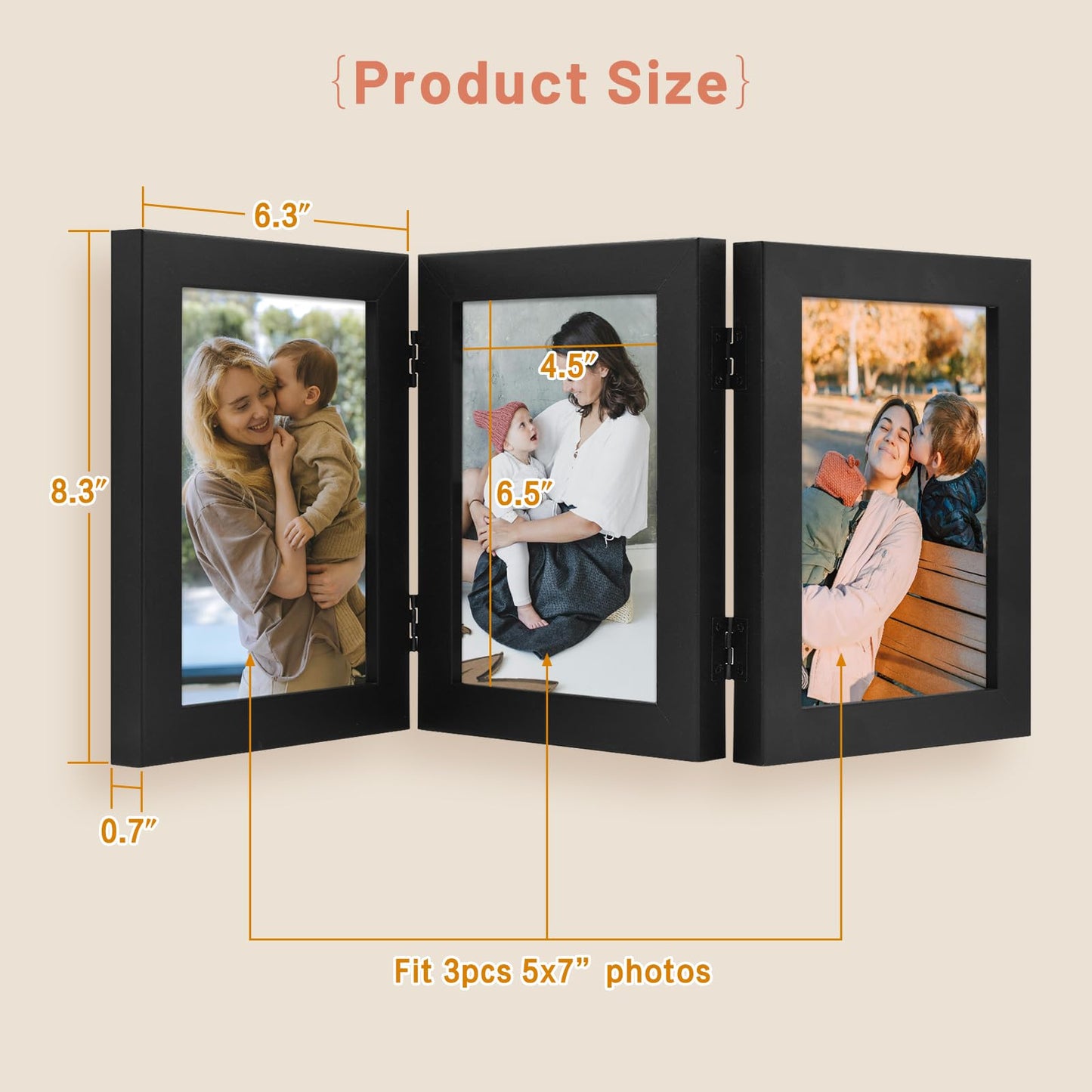 Golden State Art, 5x7 Triple Picture Frame Vertical, Engineered Wood Trifold Photo Frame, with Real Glass for Desktop - Three Folding Picture Collage (5x7, Black, 1 Pack)