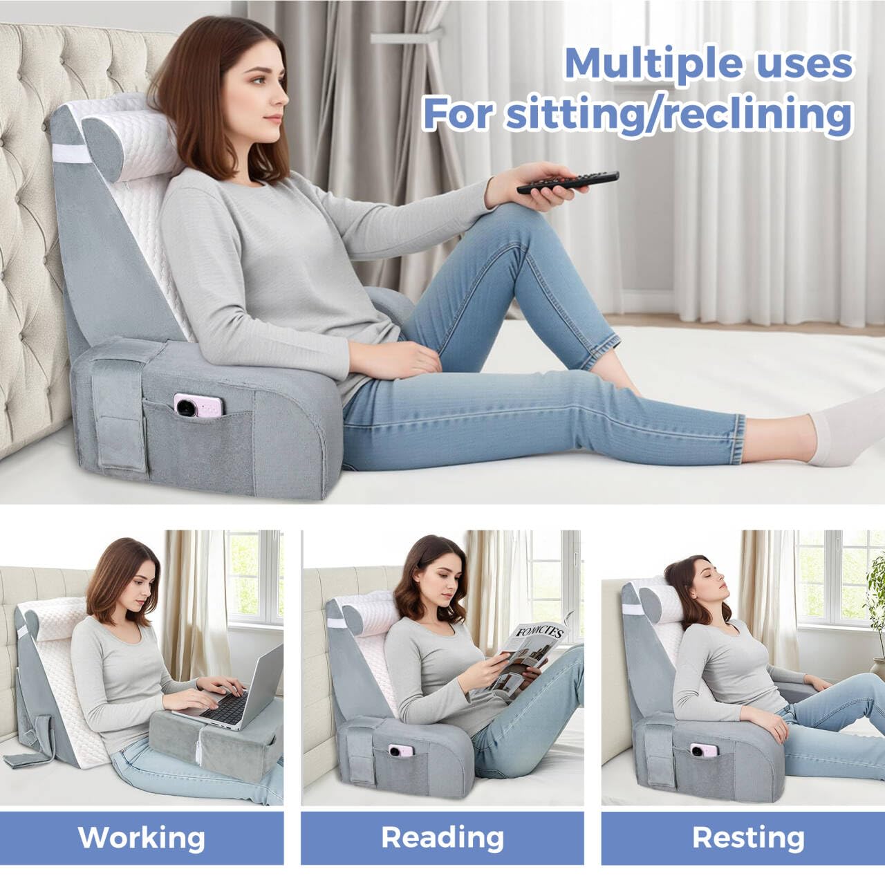 LEBENGURU Reading Pillow for Sitting in Bed Adult, Back Support Pillow with Detachable Headrest & Armrests for Watching TV in Floor,Bed Chair Backrest Pillow for Working/Relaxing/Gaming