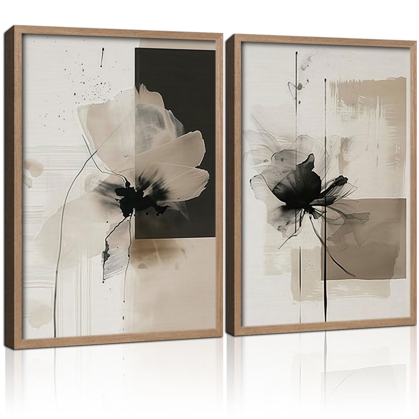 2Pcs Framed Black and White Flower Abstract Wall Art Modern Neutral Canvas Prints Posters Pictures Gallery Wall Decor Living Room Bedroom Office Apartment 16X24 Inch Ready to Hang