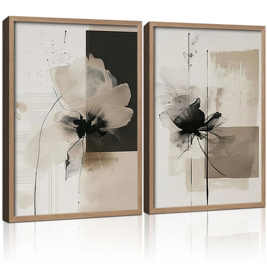 2Pcs Framed Black and White Flower Abstract Wall Art Modern Neutral Canvas Prints Posters Pictures Gallery Wall Decor Living Room Bedroom Office Apartment 16X24 Inch Ready to Hang