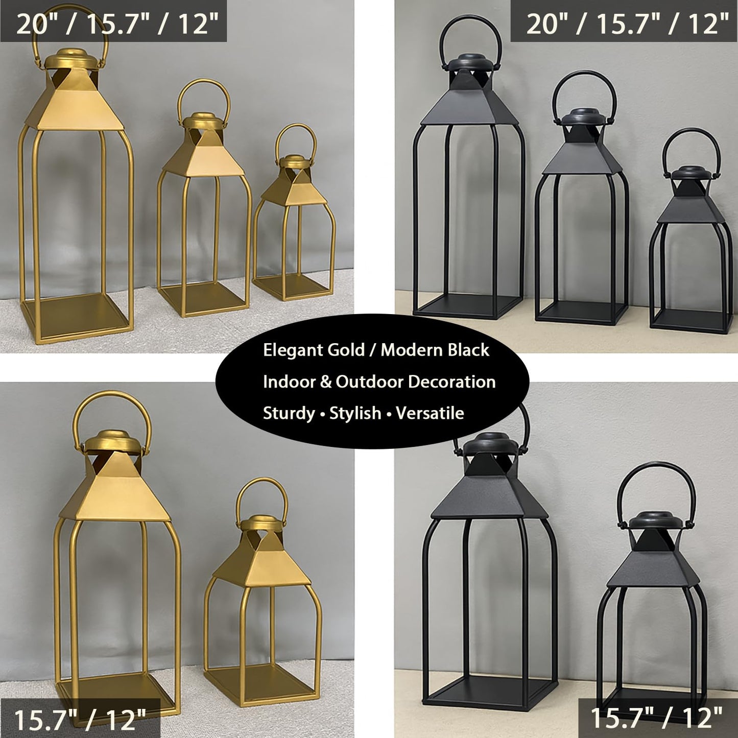 Decorative Metal Lanterns Indoor Outdoor, Candle Holder for Porch, Patio, Fireplace, Floor, Wedding, Christmas, Fall, Holiday, Farmhouse Table Centerpiece (Black, Set of 2 15.7" 12")
