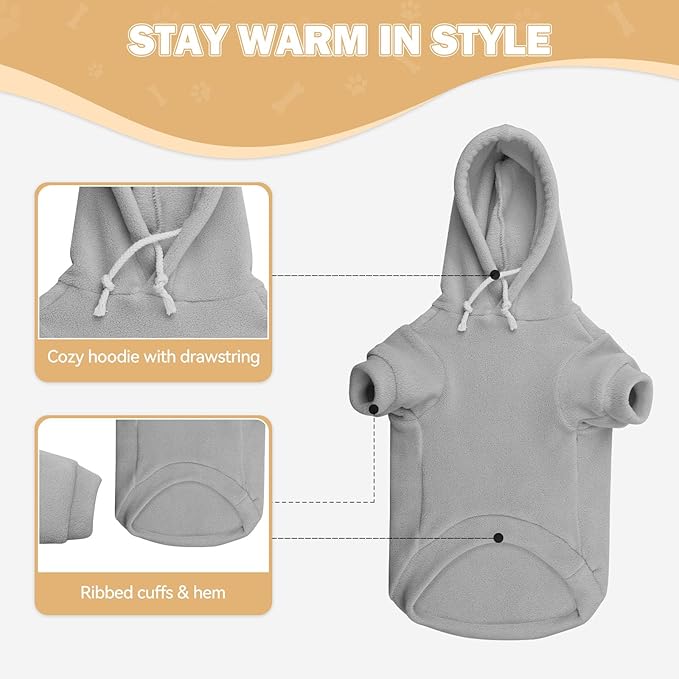 Extra Small Dog Sweater,Dog Hoodie,Warm Fleece Sweatshirt with Hood & Pocket,Leash Hole,Cozy Cold Weather Cat Pet Clothes Puppy Sweater for Small Dogs(Grey,XS)