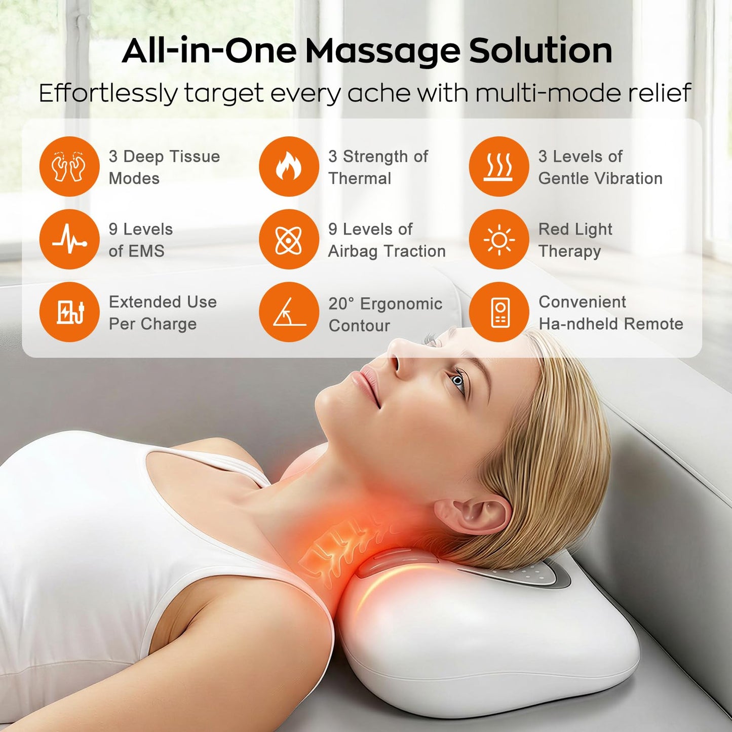 HUADUO-BEAUTY 3-in-1 Shiatsu Neck & Back Massager with Heat, Vibration & Airbag Traction, Portable Cordless Electric Massage Pillow Ergonomic Design for Deep Tissue Pain Relief Muscle Relax