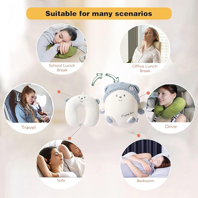Kids Travel Pillow - 2-in-1 Deformable Kids Neck Pillow for Traveling, Soft U-Shaped Pillow with Adorable Animal Design, Comfy Sleep and Play, Ideal for Airplanes and Cars - Blue Bear
