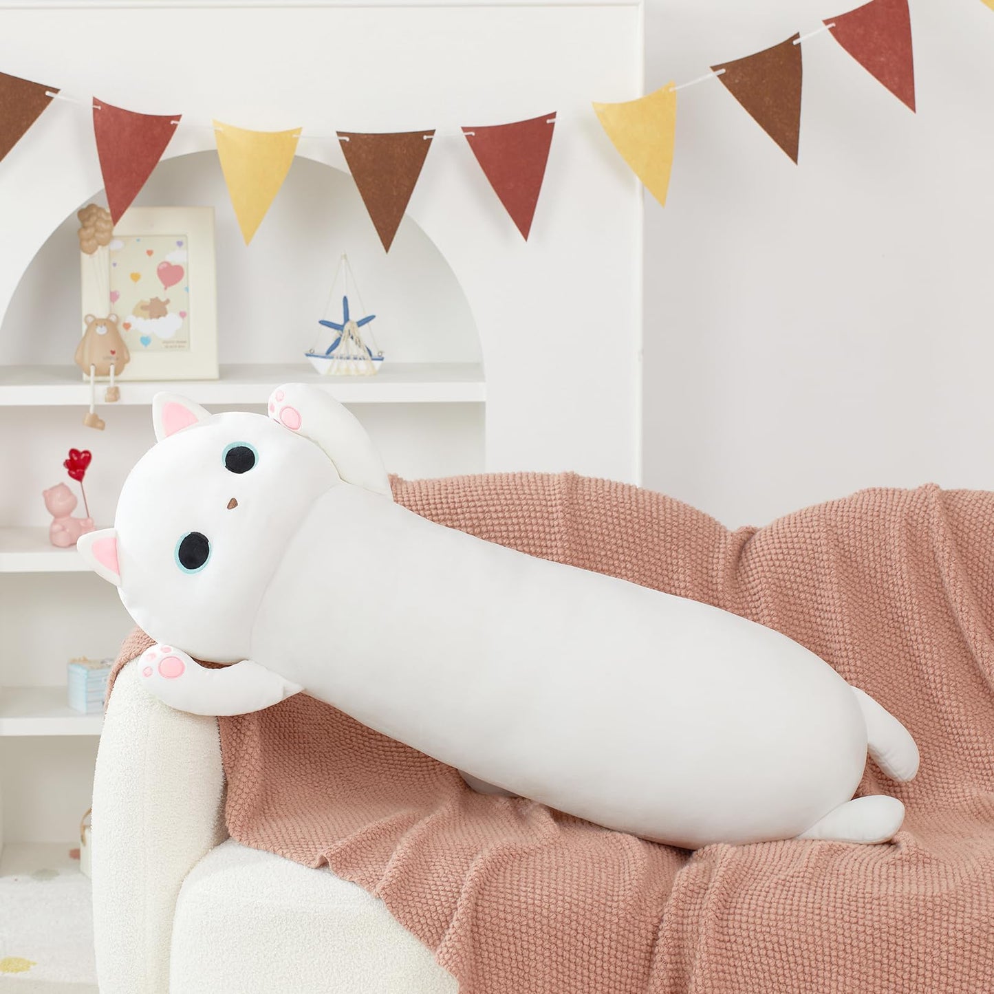 MaoGoLan 44'' Cat Plush Body Pillow, Giant Glow in The Dark Cat Stuffed Animal Pillow for Girl Boy Kid, Long Cute Kitty Plush Pillow for Birthday Gift, Baby Shower Party Decor, White