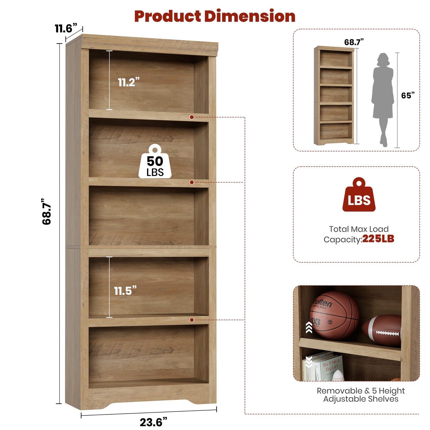 5 Tier Bookshelf, 69" Tall Farmhouse Bookcase - with Adjustable Shelves, Floor Standing Open Display Storage Rack with Anti-Slip Design for Home Office, Balcony, Library, Study / Living Room, Brown