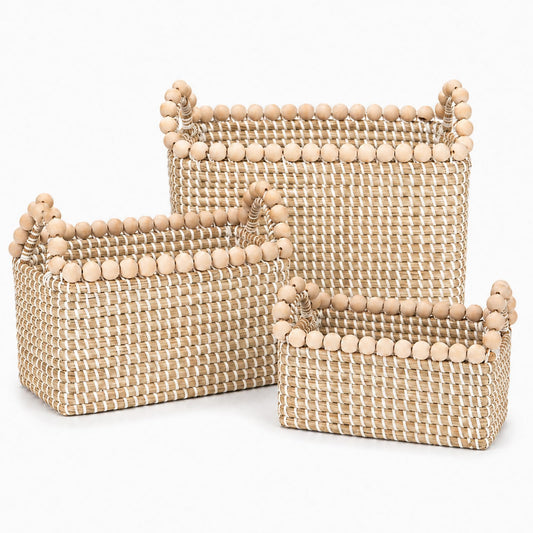Handwoven Seagrass Shelf Baskets, Set of 3 Decorative Storage Bins with Bead-Accented Handles, Vietnamese Woven Baskets for Entryway, Bathroom, Bedroom, and Living Room