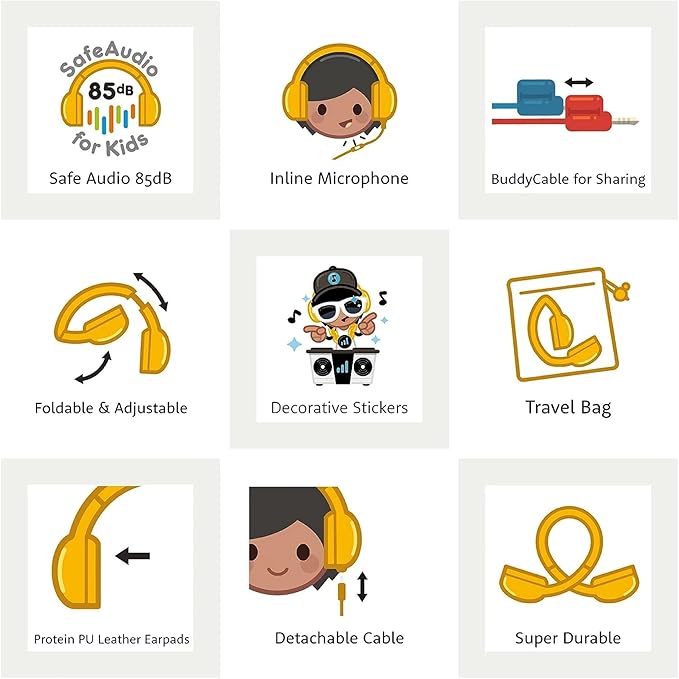 BuddyPhones Explore Plus | Foldable Kids Wired Headphones, Built-in Audio Sharing Cable with in-Line Mic - SafeAudio Volume-Limiting for Kindle, iPad, iPhone, or Android (Grey Matter)