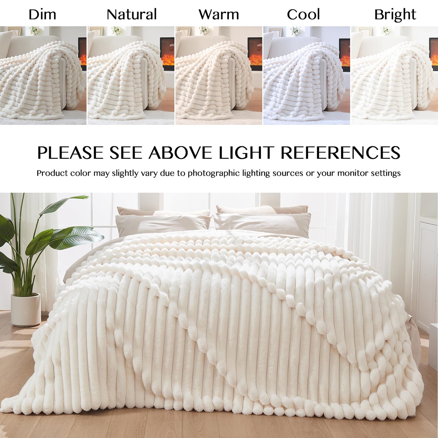 Lotus Karen Blanket for Bed Queen Size, Cozy Soft Fluffy Fuzzy Cream White Blanket, Striped Warm Thick Furry Plush Shaggy Large Blankets for Women, 90x90 Inches