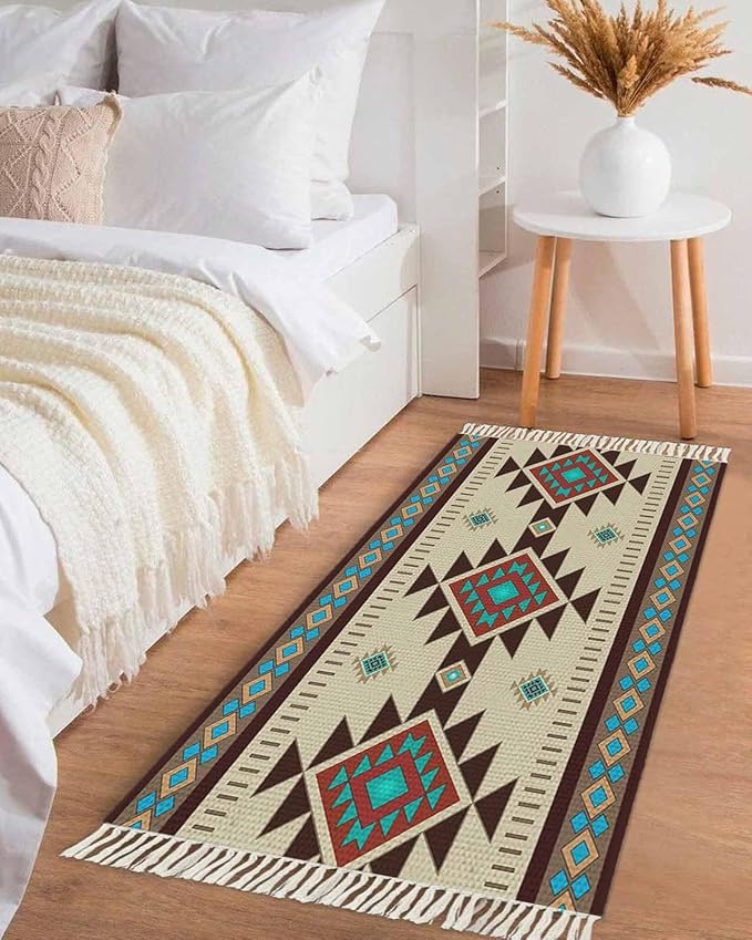 Boho Southwestern Hallway Runner Rug 2X6 Ft Kitchen Carpet, Washable Woven Aztec Abstract Geometric Throw Carpet with Tassel, Non-Shedding Vintage Native American Patterned Bedroom Laundry Rugs