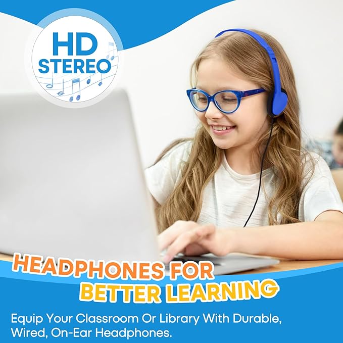 Kids Headphones Bulk 12 Pack for School Classroom Student Children Toddler Boys Girls Teen and Adults, Wholesale Wired Computer Earphones Class Set for Library Museums Airplane (HY857,12 Blue)