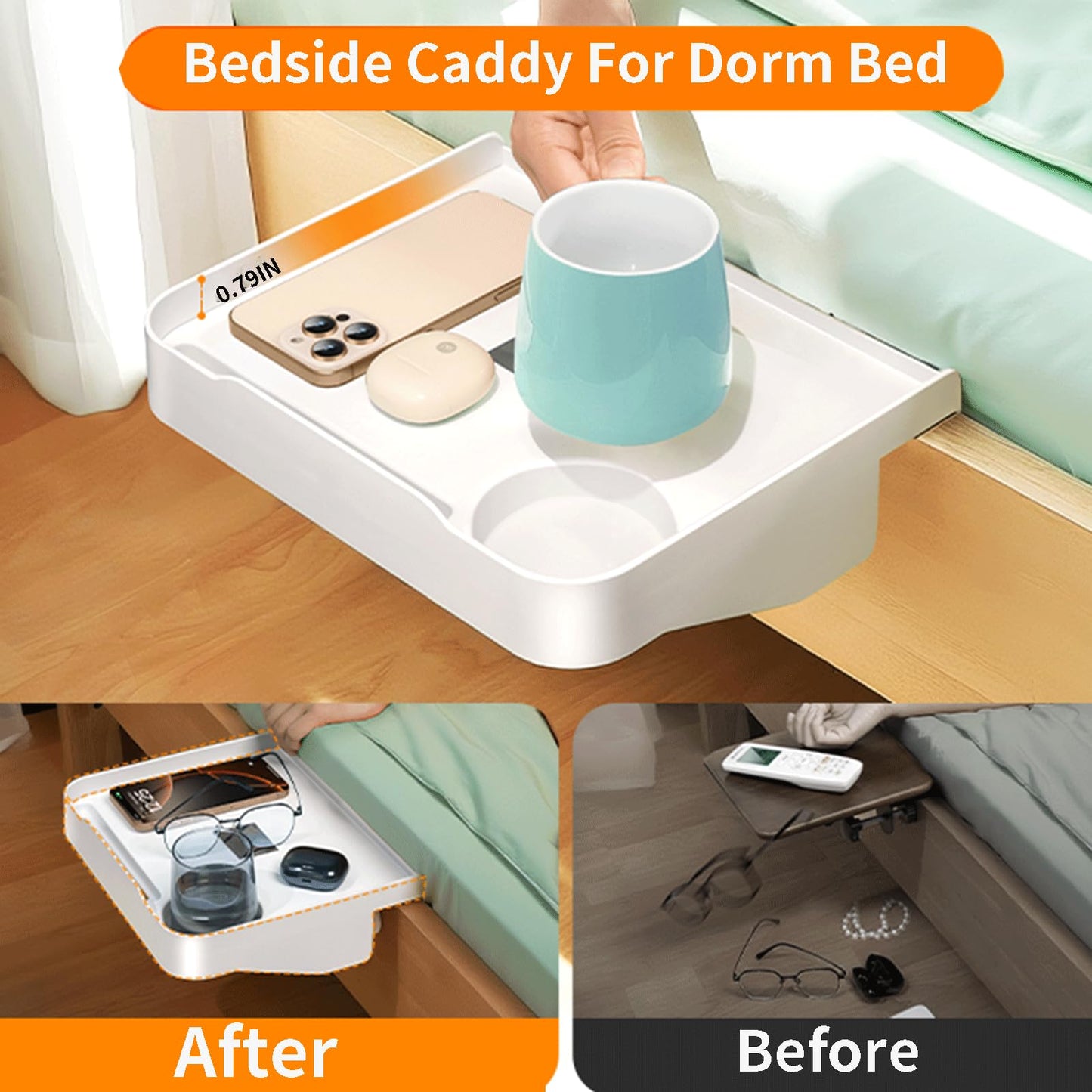 Blissfuhue Bedside Caddy for Dorm Bed - Clip On Nightstand with Cup Holder, Floating Bed Side Table Tray Storage,College Dorm Room and Kids Room Essentials,Blending Decor and Storage （White）