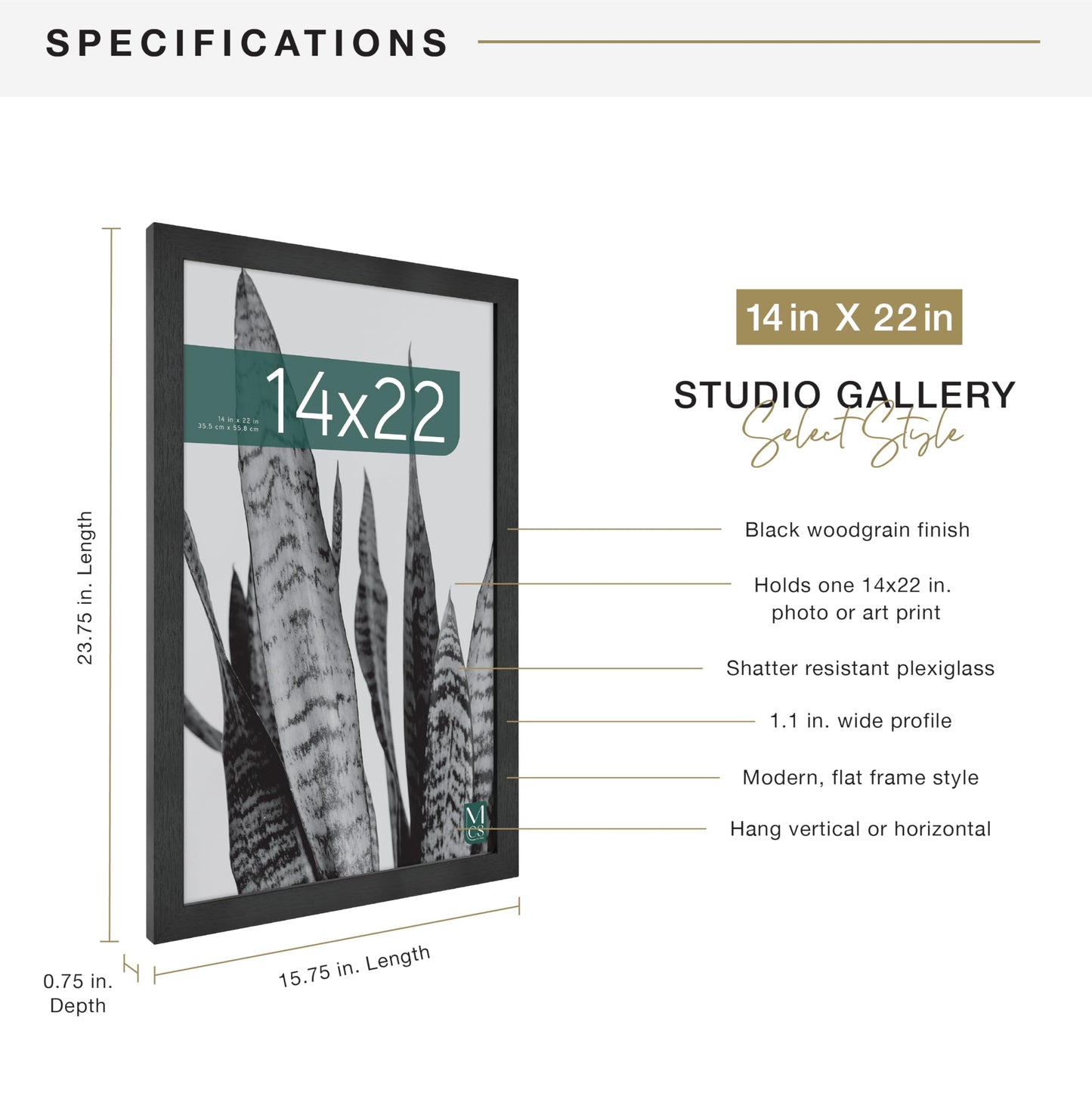 MCS Studio Gallery 14x22 Poster Frame Black Woodgrain Engineered Wood, Vertical & Horizontal Wall Hanging Large Picture Frame for Photos, Posters & Art Prints (1-Pack)