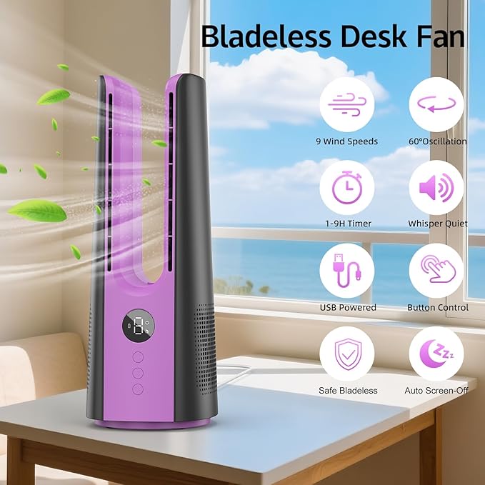 KONSIDEN Desk Fan, 13 Inch Portable Bladeless Fan, Small Quiet Table Fan with 60°Oscillating, 9 Speeds & 9H Timer, LED Display, Button Control, Easy to Clean, Personal Desktop Fan for Bedroom, Office