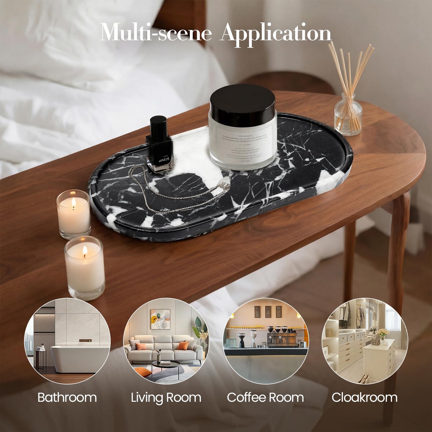 Natural Marble Tray Bathroom Tray, Luxury Decorative Trays for Bathroom, Vanity, Dresser, Kitchen & Home Decor, Valentine's Day House Warming Gifts New Home (Black)
