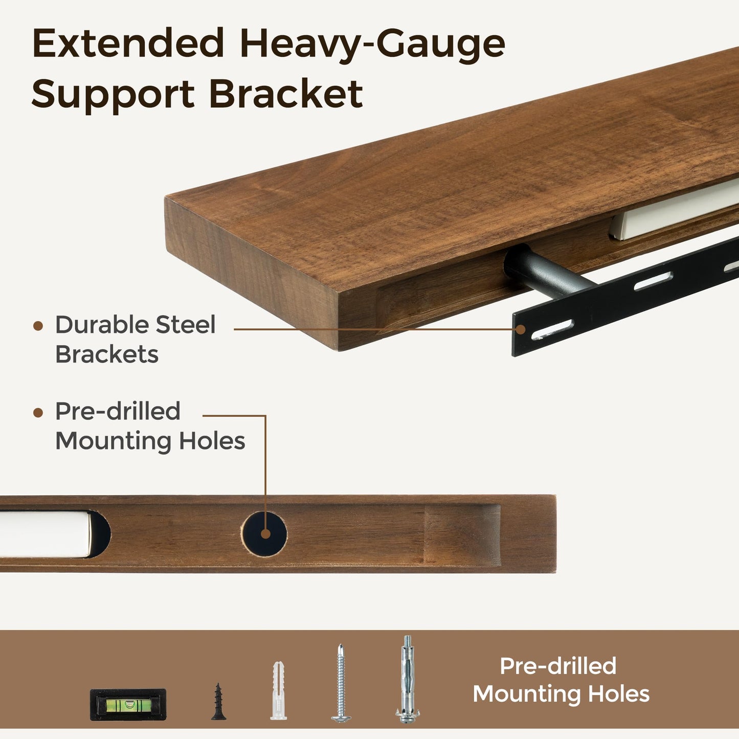 Acovy Floating Shelves, USA-Sourced Walnut Wood 30 Inch Wide x 6.7 Inch Deep Floating Shelves, Natural Wooden Shelves for Bedroom Living Room Home Office, Set of 2