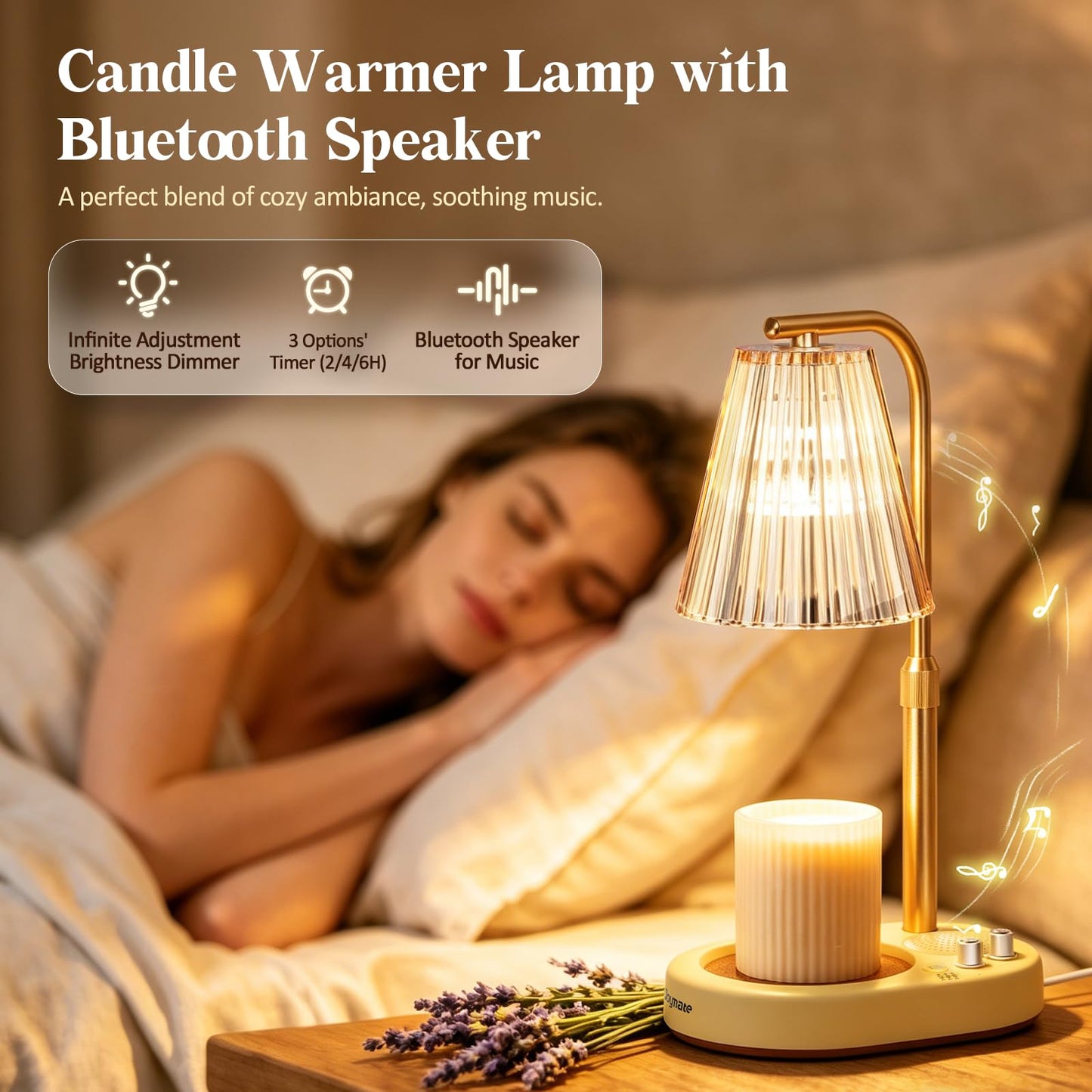 Joymate Gifts for Women, Candle Warmer Lamp with Bluetooth Speaker, Timer and Dimmer Candle Warmer Lamp with Height-Adjustable Pole Fits Different Wax Jars Perfect for Sleep, Relaxation & Home Decor