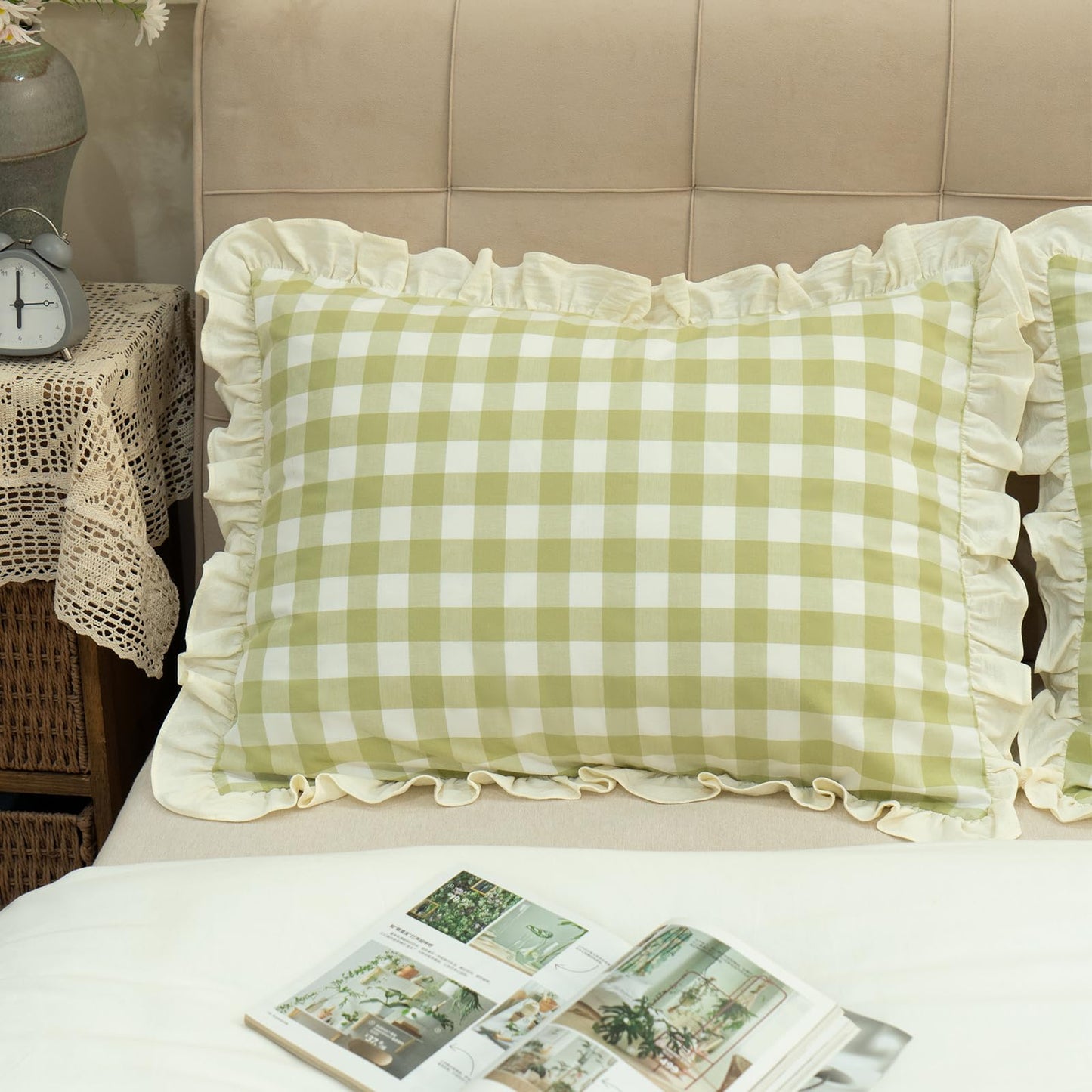 GLORY SEASON Pillow Shams Set of 2 Yarn-Dyed Pure Cotton Retro Ruffle Flounces Trim Green Check Decorative Pillow Cases for Home Bedroom Decor Standard 20x26 Inch