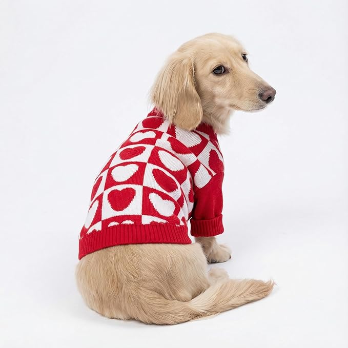 Fitwarm Checkered Heart Dog Sweater, Cozy Valentines Outfit for Small Dogs Girl, Festive Pet Clothes, Red, White, XS