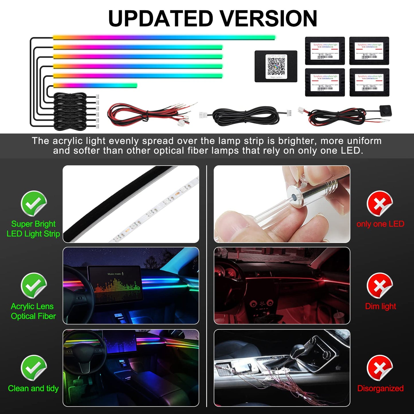 Acrylic Interior Car LED Strip Light with Wireless APP, RGB Dreamcolor 6 in 1 with 175 inches 593 LEDs Fiber Optic Ambient Lighting Kits, 16 Million Colors Sound Active Function Car Neon Lights