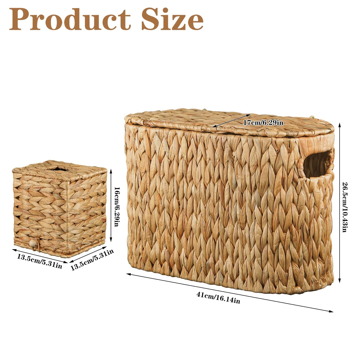 BIBELUN 2-Piece Water Hyacinth Bathroom Storage Basket Set, Hand-Woven Wicker Slim Toilet Paper Holder with Lid for 6 Mega Rolls, Square Tissue Box Cover, Decorative Rustic Boho Basket for Organizers