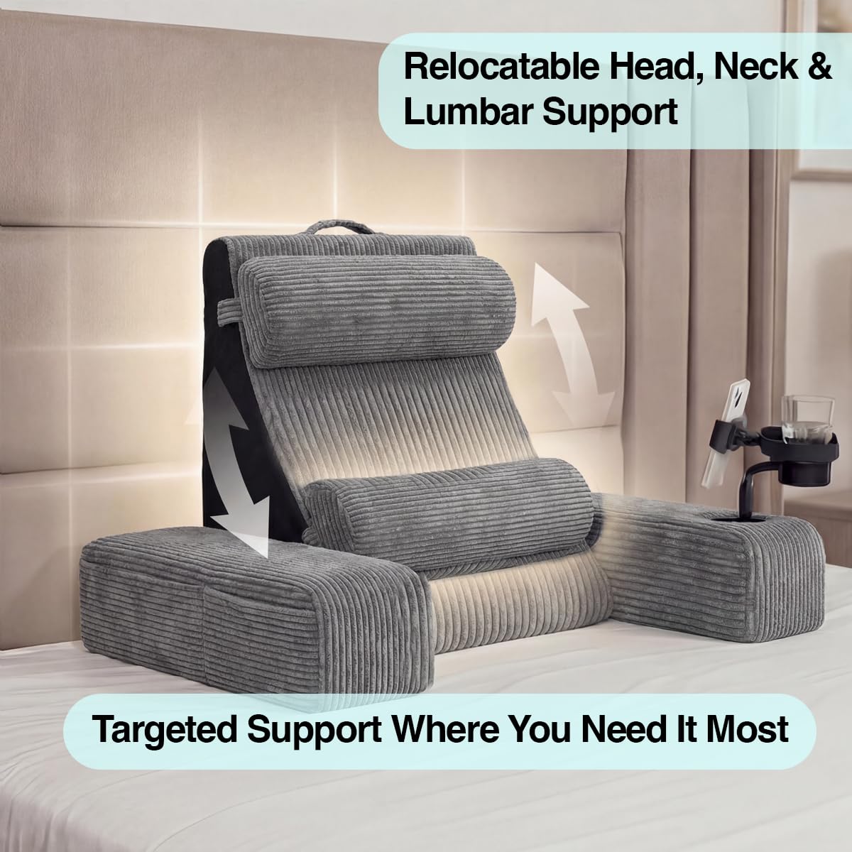 TabCouchCaddy Reading Pillow for Adults – 24” XL Memory Foam Backrest with Detachable Arms, Cup Holder, Phone Caddy & Adjustable Tray Mount | Back Pillow for Bed Sitting Up, Reading, TV & Recovery