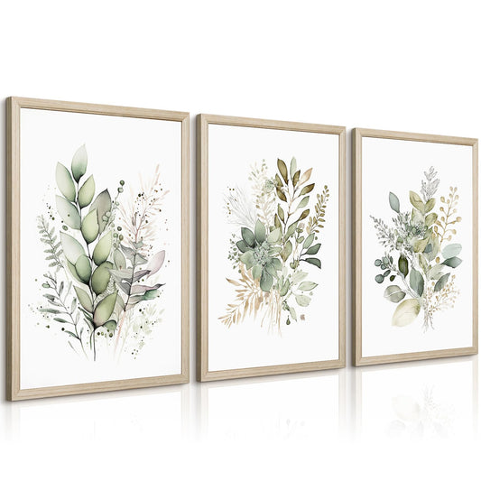 Watercolor Botanical Wall Art Set of 3 Boho Floral Canvas Wall Decor Prints Sage Green Wildflower Wall Art Modern Flower Pictures Botanical Painting for Bedroom Bathroom 12x16 Inch Wood Framed