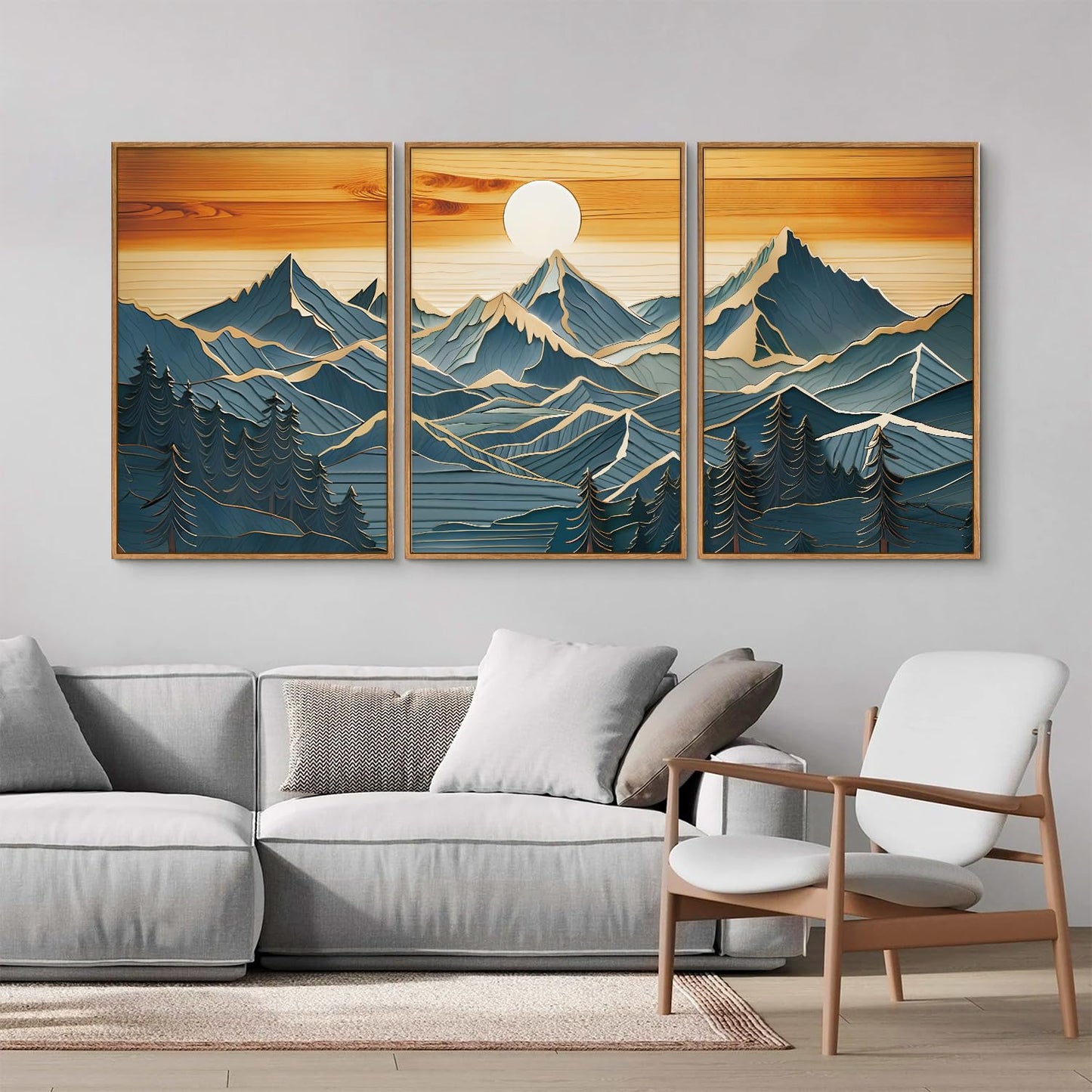 Tinonedraw Large Mountains Framed Canvas Wall Art Set of 3, Boho Nature Woodcut Forest Art Prints, Mid Century Modern Wall Decor, Sunset Landscape Art Paintings for Living Room Bedroom Office 24"x36"