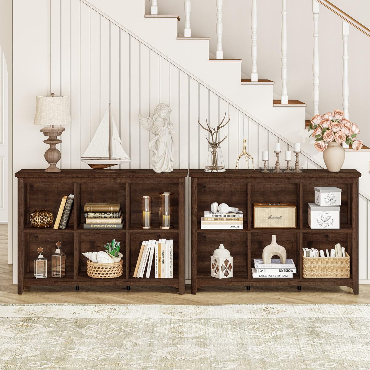 BON AUGURE 6 Cube Storage Bookcase, Horizontal Wooden Bookshelf with Curved Edge, 3 Tier Cubby Organizer Book Shelf for Living Room, Bedroom, Home Office (Rustic Oak, 43 Inch)