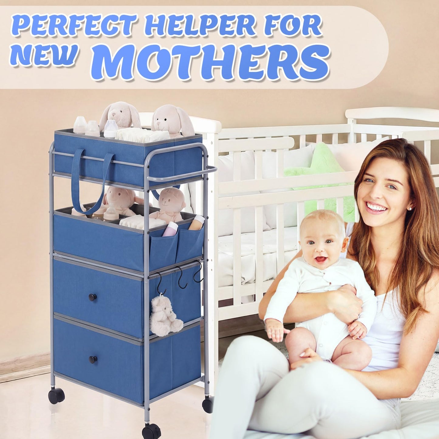 FoldTier 3In1 Baby Diaper Caddy Organizer Cart 4 Tier Large Capacity Metal Utility Bedside Rolling Cart with Divider Newborn Registry Nursery Essential Must Have Bedroom Gift Baby Shower (Blue)